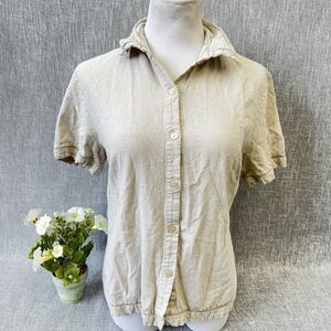 Sag Harbor Women's Large Beige Button Front Shirt Linen rayon Top  eyelet detail